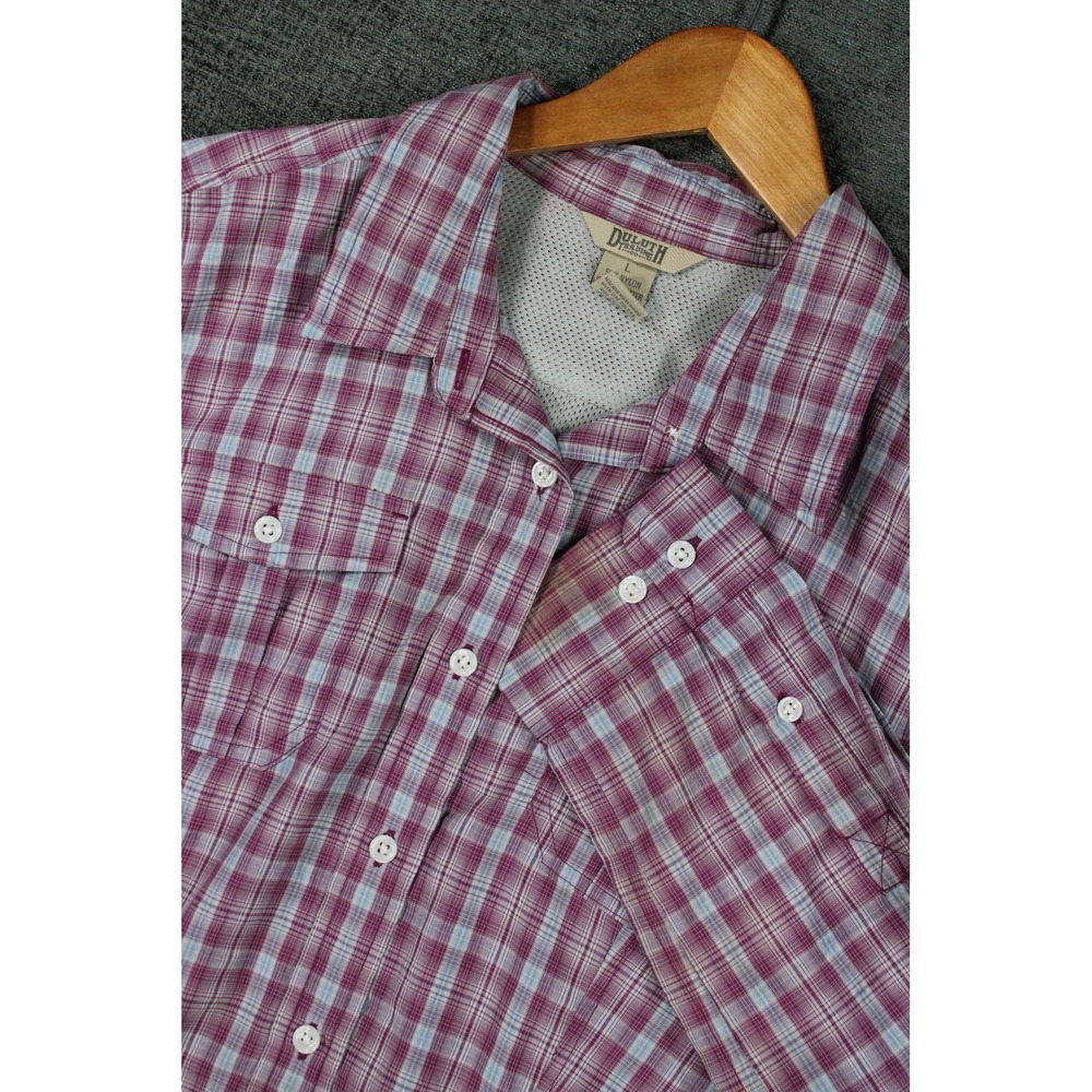Duluth Trading Co Womens Purple Plaid Roll Tab Sleeve Hiking Shirt Large 0850